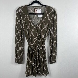 SO Olive Green Floral Faux Wrap Dress XS Ruffle Hem V-Neck Long Sleeve Fit&Flare